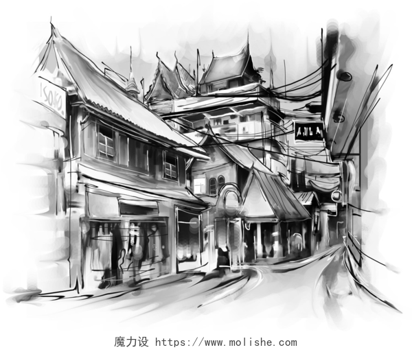 传统建筑黑白画作城市街道的插图